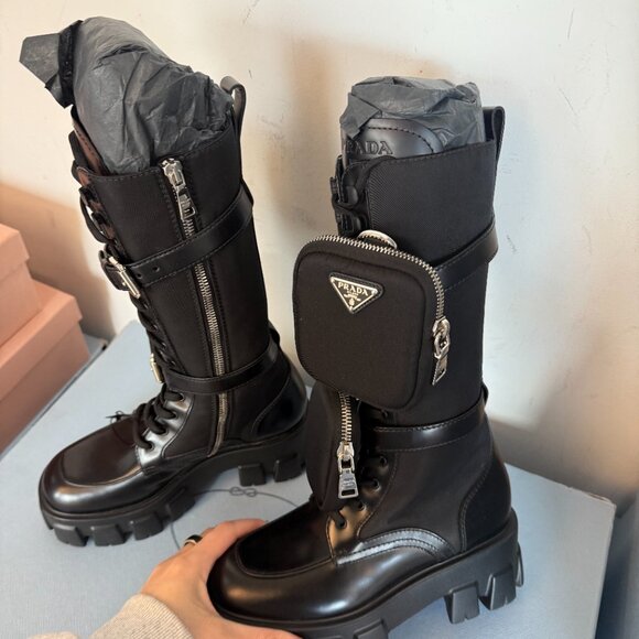 NWT Prada Monolith Combat Tall Boots Black Leather & Nylon Lace Up - Picture 8 of 10